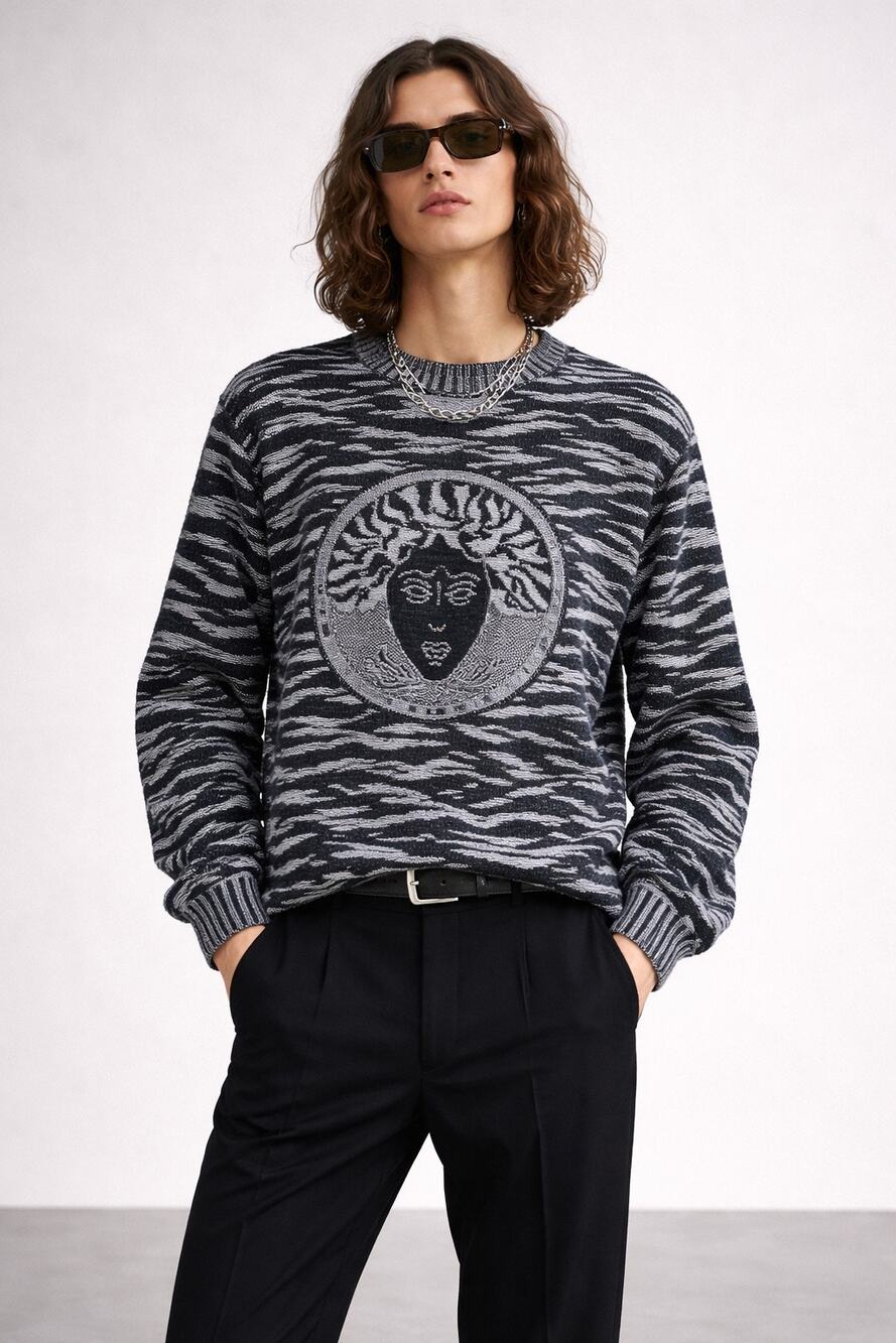 Versace Jeans Co Unisex Medusa Sweater Gray Jumper Zebra Knit Crewneck Large